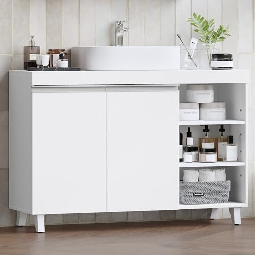 Hzuaneri Meuble sous Lavabo, Meuble sous Vasque, Salle de Bain, 2 Portes, 3 Espaces Ouverts, Rangement Spacieux, Étagères Réglables, Autoportant, 30 x 90 x 64 cm, Blanc BC28903X