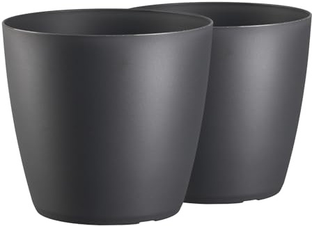 Tymar Lot de 2 pots à fleurs, pot en plastique moderne, mat, forme ronde (charbon, ø 40 cm)