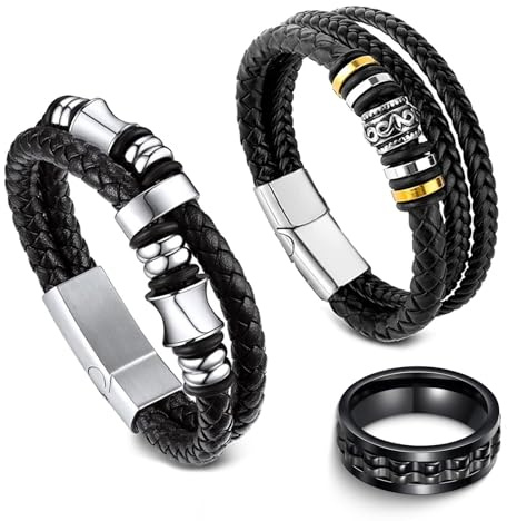Scinzene Lederarmband Herren Set - 2 Stilvolle Armbänder + Ring aus Echtleder und Edelstahl, Magnetverschluss, Geschenkidee für Männer