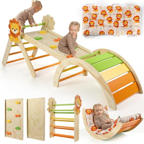 7-in-1 Montessori Kletterdreieck Set mit Rutsche, Kletterbogen & weichem Kissen – Holz Klettergerüst für Babys & Kleinkinder, Indoor Spielgerät, faltbar & sicher (Löwe)
