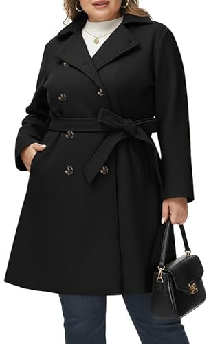 Hanna Nikole Winterjacke Damen Große Größen Zweireihiger Wollmantel mit Taschen Gürtel Langarm Mittellanger Trenchcoat Mantel Schwarz 46