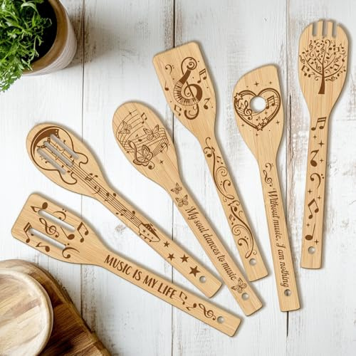 CUTHOLLOW Lot de 6 Spatule en Bois - Thème Musique et notes - Spatule Bois Cuisine, Originaux Ustensiles de Cuisine Bois pour Femme, Anniversaire, Pendaison de Crémaillère