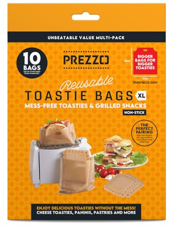 Prezzo XL Reusable Toastie Bags (10 Pack) | 100+ Uses | Extra-Large 17x19cm | Non-Stick, Heat-Resistant & Easy Clean | Perfect for Larger Toasties, Paninis & Snacks | For Toasters, Air Fryers & Grills