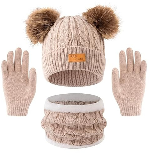 Set de Bufanda Gorro y Guantes, Conjunto de Bufanda Sombrero y Gorro Niño Invierno, Gorros con Pompon Lana NiñoBraga Cuello Polar y guantes de punto cálidos para niño 2-6 Años