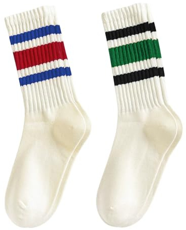 FIYIGO Womens Crew Socks Striped Cotton Casual Athletic Retro socks | Calf Tube Length, Slouchy Style, Soft Cozy Breathable Fabric, Cushioned Comfort, for Running Workout Gym, Gift Choice