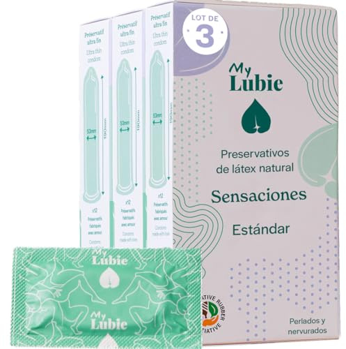 Pack de 3x12 Preservativos Texturizados Finos - Punteados y Estriados, Veganos, Comercio Justo y Sanos - Tamaño Estándar 54mm - Sensaciones Multiplicadas y Resistencia