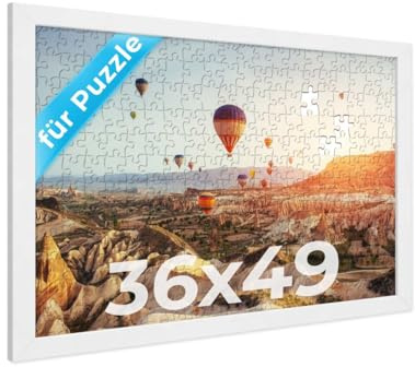 PHOTOLINI Bilderrahmen 49x36 Weiss, Puzzle Rahmen 36x49 Holz MDF mit Acrylglas, Bilderrahmen Puzzle 500 Teile zum Aufhängen, Puzzlerahmen 100-500 Teile - ideal für Ihre Galerie