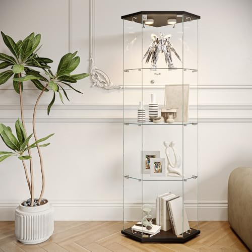 ZHDOKA Vetrina in vetro con LED, 162 cm, vetrina in vetro in piedi AVCE 4 ripiani in vetro e base, vetrina angolare AVCE 1 porta e serratura, vetrina da collezione per soggiorno, libri, nero