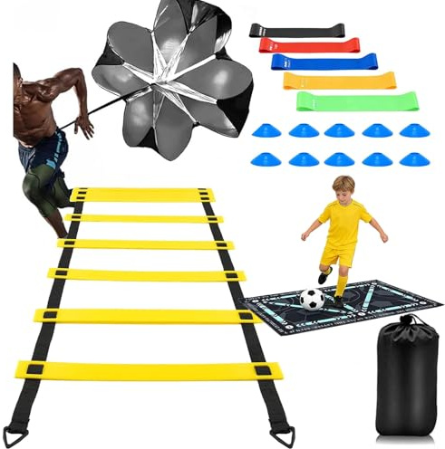 Accessori per allenamento da calcio con scala di coordinazione, 6 m, antiscivolo, 10 cappelli, fasce di resistenza, ombrello di resistenza, set di allenamento completo per bambini e adulti