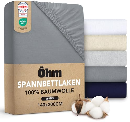 Ôhm Spannbettlaken 140x200 Anthrazit – Jersey Spannbetttuch 100% Baumwolle Elastisch – Weich & Atmungsaktiv – Steghöhe 28 cm für Hohe Matratzen – Oeko-TEX