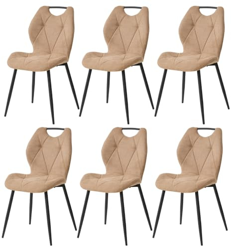 GrandCA HOME set med 6 matstolar i linne, matsalsstolar med ryggstöd, ergonomisk stol med metallben, tygkuddar, nordisk stil, khaki