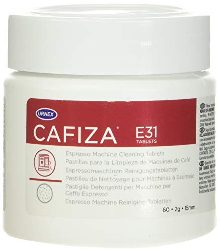 Cafiza Espresso Tablets E16 1.2g (Tub 100) | Tub container protects dosing from moisture; cleans group heads to ensure consistent coffee taste in busy cafes.