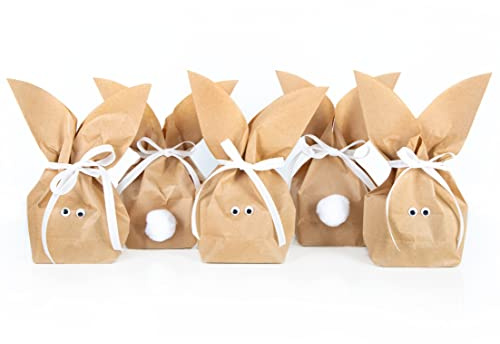 Logbuch-Verlag 5 Osterhasen Tüten Hasenohren Papierbeutel Ostern Verpackung Kraftpapier natur Beutel als Osternest mit Augen und Puschel 16,5 x26 6,5 cm