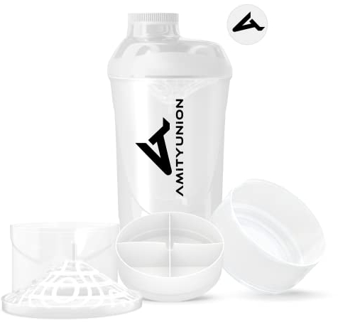 AMITYUNION Shaker per proteine ​​- L'ORIGINALE Senza BPA con setaccio, scala per frullati di siero di latte cremosi, tazze Gym Deluxe per isolati e concentrati sportivi, (Tazza bianca)