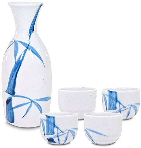 Product of Gifu Japan Japanese Sake Set, 1 Tokkuri Bottle Carafe and 4 Ochoko Cups Ceramic Sake Glasses, 5 Piece Set, White Nashijidake