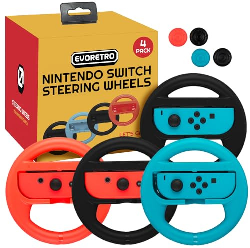 Steering Wheels for Nintendo Switch Mario Kart Racing 4-Pack (2 Black, Red, and Blue) by EVORETRO