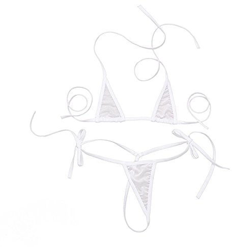 ZTie Women’s Sheer Extreme Swimsuit Bikini Halterneck Top and Tie Sides Micro Bikini Thong Sets (White)
