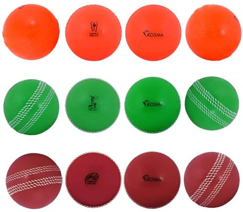 Kosma Windball-Cricket-Ball, für drinnen und draußen, weicher Trainingsball für Coaching-Übungen, 4 Stück in Orange, Grün mit weißer Naht und Rot mit weißer Naht, Standard, KG-26286