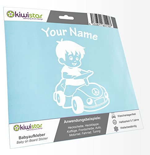 Babyaufkleber - Weiß - Junge Auto Sticker - mit Wunschtext individuell personalisiert 15cm - für Auto, Motorrad, Fahrrad, Tuning