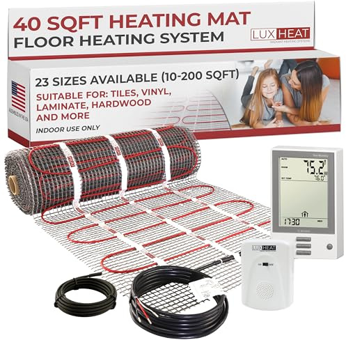 LuxHeat 40sqft Floor Heating Mat Kit - 120v Heated Tile Floor Kit - Complete Electric Radiant Heated Flooring System Includes Alarm, UDG Programmable Thermostat w/GFCI & Flooring Sensor