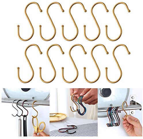 Buyer Star 10 Pack 3.2 S-Hooks, Stainless Steel S Shape Hooks Metal Hangers Hanging Hooks for Kitchen, Work Shop, Bathroom, Garden(Gold)