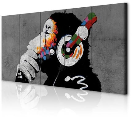 decomonkey Bilder Banksy 225x90 cm 5 Teilig Leinwandbilder Wandbild Tiere | Strukturleinwand, Holzkeilrahmen, Bild auf Leinwand, Kunstdruck, Wanddeko, Wohnzimmer, Wanddekoration, AFFE, Street Art, Grau