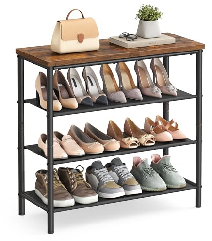 VASAGLE Shoe Rack 4 Tier, Narrow Shoe Storage Organiser, with 3 Fabric Shelves and Top for Bags, Steel Frame, for Entryway, Closet, Industrial, Rustic Brown and Black LBS035B01
