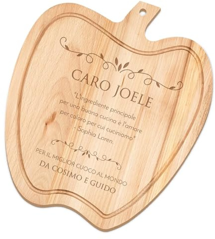 Maverton Tagliere in legno di faggio, dimensioni 32cm x 28cm | A forma di mela, incisione personalizzata, battilardo, pensiero speciale per l’ uomo, ingrediente segreto