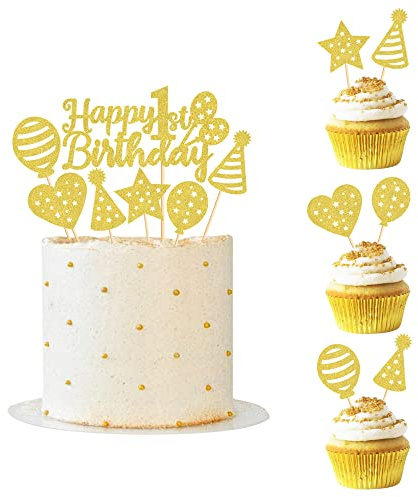 Blumomon 25Pcs Happy 1st Birthday Cake Toppers Assembled Gold Glitter Baby Boy Girl First Birthday Cake Decorations with Balloon Star Heart Cupcake Toppers for 1st Birthday Party Supplies