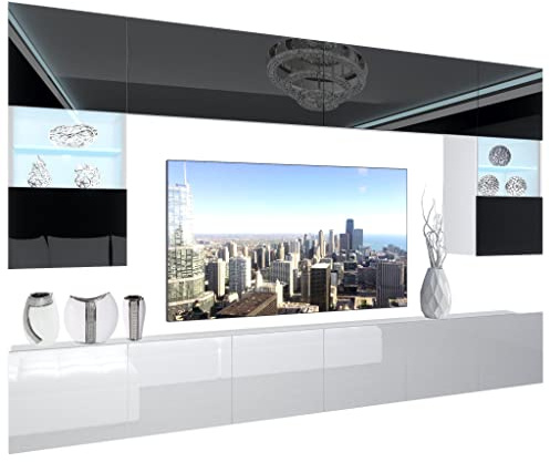 BELINI Meuble Mural NEX 1 avec LED, Noir très Brillant/Blanc très Brillant | Ensemble de Salon Complet, Ensemble Meuble TV avec Illumination LED, Dimensions: 300 x 180 x 36 cm
