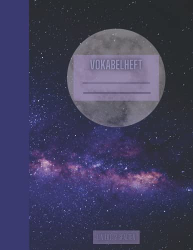 Vokabelheft DIN A4 , 2 Spalten, 50 Seiten: Galaxie-, Weltall-Design, blau, Sterne, Mond