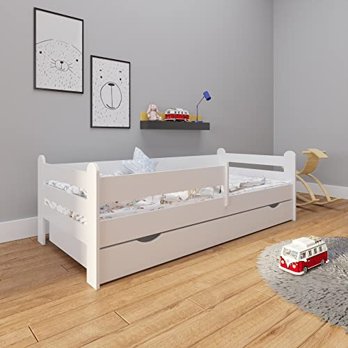 Kids Collective Kinderbett Jugendbett 90x200 cm mit Rausfallschutz | inkl. Lattenrost & Schublade in weiß | Mädchen Jungen Bett skandinavisch | von 4. bis 18. Lebensjahr