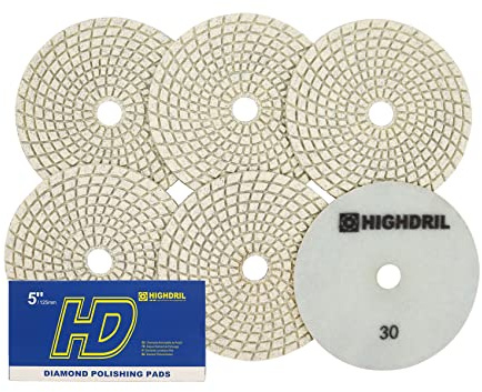 HIGHDRIL Almohadillas Pulido Diamante Húmedas - 6piezas #30 Almohadillas Lijado 125mm para Granito Piedra Mármol Suelo Grinder Pulir Almohadilla Kit para Taladro, Amoladora, Pulidora