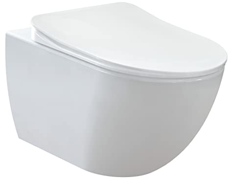 Furni24 Spülrandloses Wand-WC mit Toilettendeckel, Hänge-WC, Duroplast WC-Sitz mit Absenkautomatik, Tiefspüler spülrandlos mit waagerechtem Abgang, Keramik, Bautiefe ist 50cm, Tiefspüler weiß