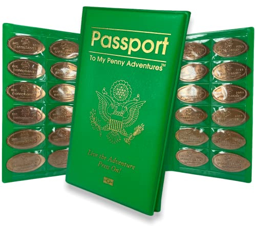 Pennybandz Penny Passport to Adventures - Pressed Coin Collecting Book - Holds 48 Coins - Vegan Leather - Comes with Mystery Penny Gift (Emerald Green)
