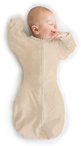 SwaddleDesigns Übergangs-Pucksack Baby, Pucktuch & Puckschlafsack für Neugeborene mit Arme-nach-Oben-Design, halblangen Ärmeln & Fäustling-Bündchen, L, 6-9 Monate, Heathered Oatmeal
