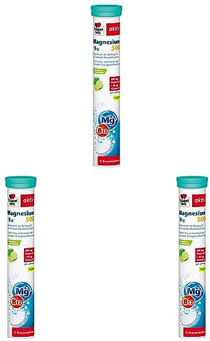Doppelherz Magnesium 500 + B12 - mit Magnesium & Vitamin B12 zur Unterstützung der normalen Muskelfunktion - vegan - 15 Brausetabletten mit Limetten-Geschmack (Packung mit 3)