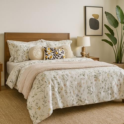 Juego de Sábanas Blancas100% Algodón Estampado Floral Mariposas Primavera – 3 o 4 Piezas (Bajera + Encimera + 1 o 2 Fundas de Almohada) – Suave, Transpirable y Alegre – Varios Tamaños (Cama 135 CM)