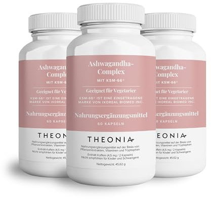 Theonia Ashwagandha Complex 9000 mg KSM-66 Supplément haute résistance pour l'humeur et l'énergie, l'anxiété, le stress - Naturel - 180 capsules, non OGM, végétalien