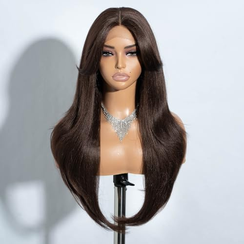 Joedir lange geschichtete Perücke mit Vorhang Pony tief Teil Lace Front Perücken für Frauen 26 Zoll mittleren Teil braun Perücke hitzebeständig synthetische Perücken für den täglichen Gebrauch Party