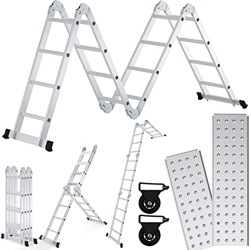 Fiqops 4x4 Stufen Aluminium Mehrzweckleiter bis 150 kg, 4.7M Multifunktionsleiter mit plattform, Leiter mit 2 Gerüstplatten, Trittleiter, Mehrzweckleiter, Klappleiter 16 Stufen, Silber