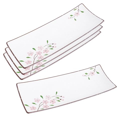 DealbyBox 12 Long Rectangle Plates for Serving Sushi, Pasta, Chips, Appetizer - Ceramic Sushi Plate for Party, Restaurant, Banquet (4Pack, Pink Sakura)