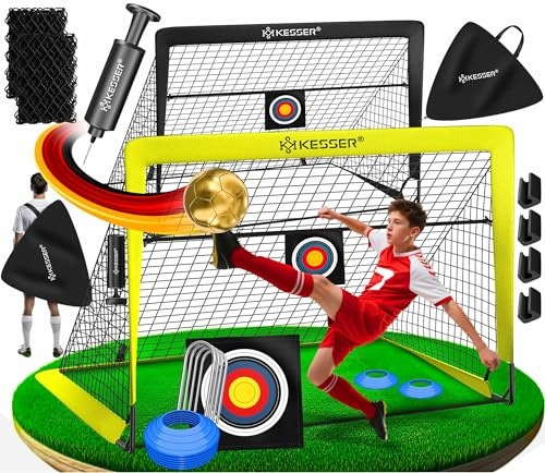 KESSER® Fussballtor 2er Set | Tolles Fußball Geschenk für Kinder, Indoor und Outdoor Garten : Antirutsch - Inkl. Fussball Trainingszubehör: Hütchen, Zielscheibe, Sporttasche, Ballpumpe, Schwarz/gelb