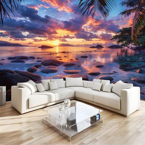Papier Peint Panoramique 3D Pierres de Plage Au Coucher Du Soleil Intissé Poster Murale Décoration Multicolore pour Salon Chambre Fond De Mur Tv Papier Peint Murales 250x175cm