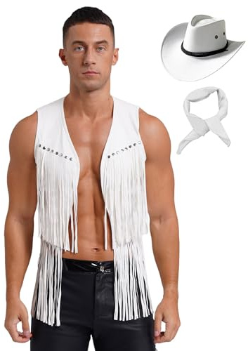Freebily Herren Cowboy Hut Wildleder Fransen Weste Herren 70er Hippie Kleidung Faschingskostüme Sheriff Ranger Rodeo Cosplay Party Festival Outfit Weiß XXL