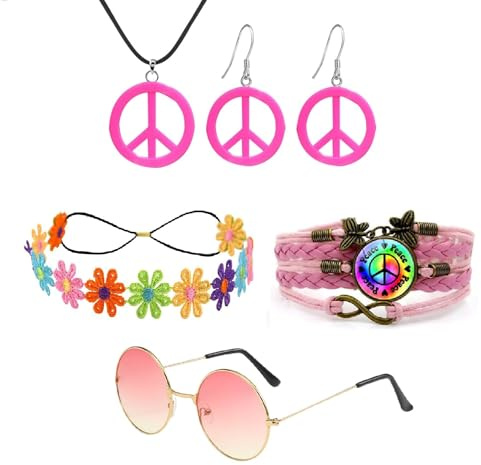 NebulaGlam Hippie Kostüm Set, 5 Stück Hippie Kleidung Damen Accessoires, 60er 70er Jahre Bekleidung, Friedenszeichen Halsketten, Kopfbedeckungen, Brillen, Armbänder, Ohrringe (Damen)