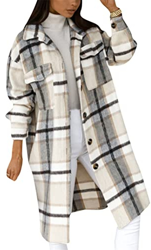 EFOFEI Damen Revers Mantel Baggy Button Shackets Langarm Bluse Casual Check Bluse Outfit Mit Taschen