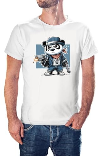 KMF T-SHIRT - Camiseta de Hombre Algodón con Estampado de Oso Panda Pistolas (FR/ES, Letras, M, Regular, Regular, Blanco)