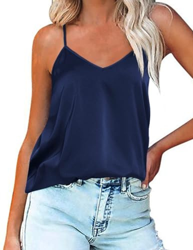 Ekouaer Damlinne silke damer satäng linnen v-ringad justerbar rem ärmlös cami väst topp S-XXL, Marinblått Xsp, S