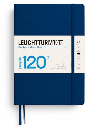 LEUCHTTURM1917 Notizbuch Medium A5, 120 g/m², Hardcover, Marine | Blanko, 203 nummerierte Seiten, Fadenheftung, 2 Lesezeichen, Falttasche, säurefrei